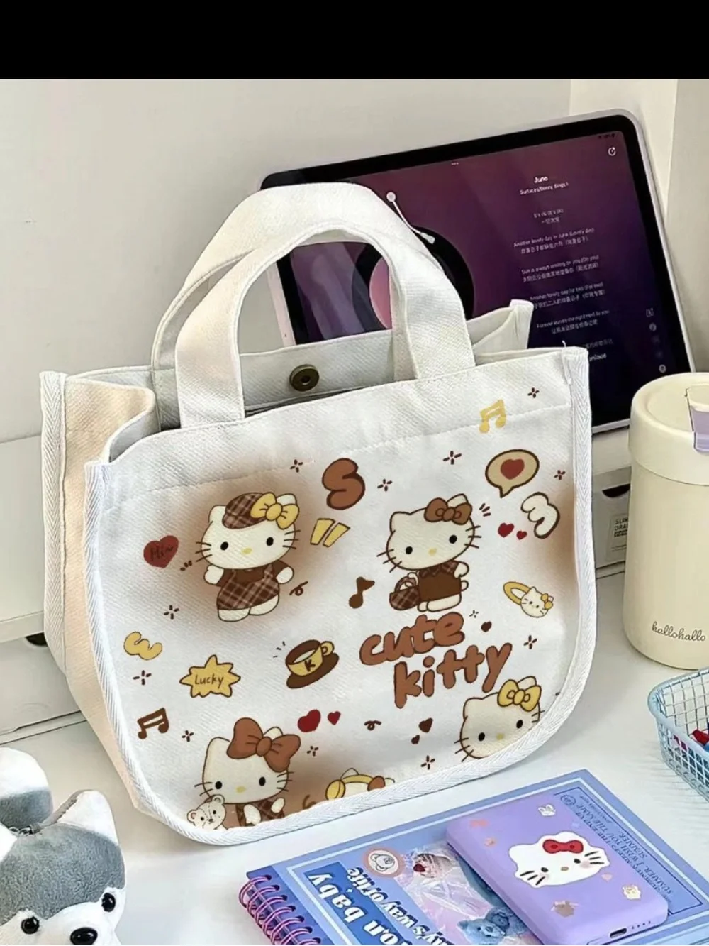 Cute Kitty Canvas Tote Bag - White with Brown Kitty Print
